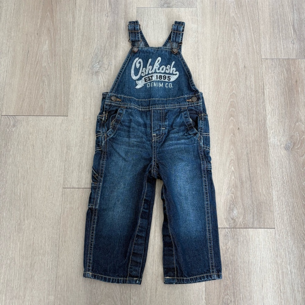 OshKosh B'gosh Kids Unisex Blue Denim Overalls 18-24 Months Classic Snaps Cotton